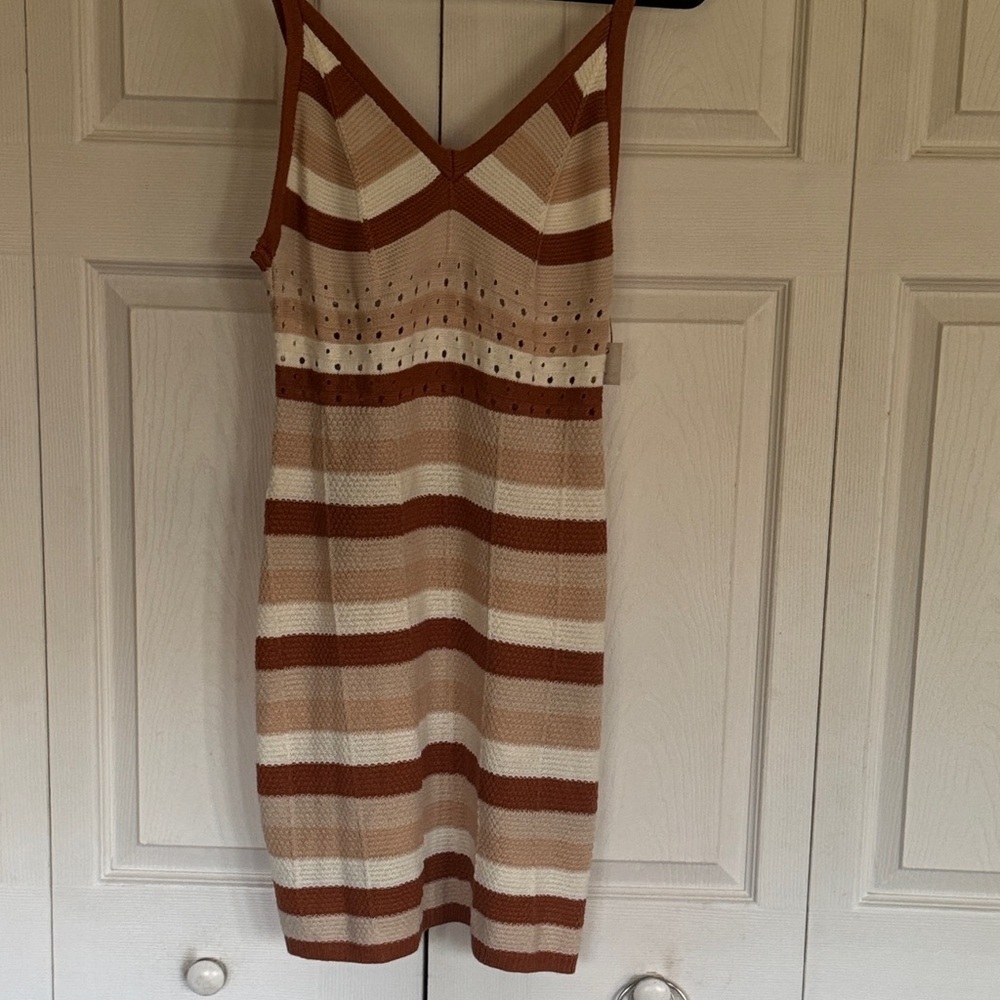 Ultra Flirt Tan and Cream Striped Midi Dress sweater knit - Picture 2 of 7